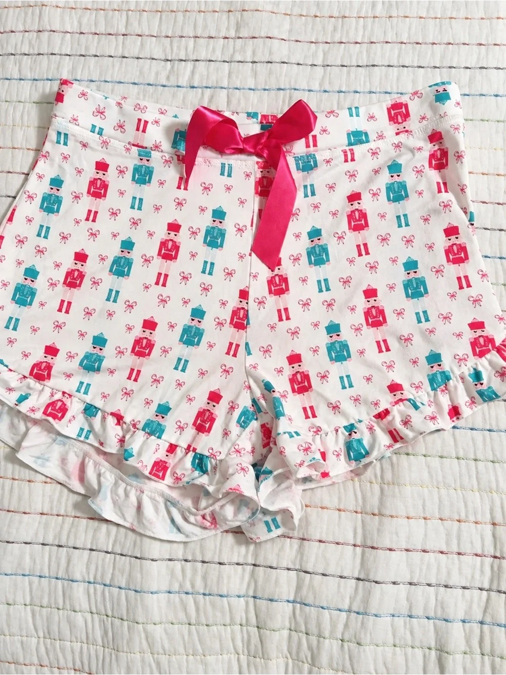 Short-Sleeve White Button-Down Pajamas with Pink & Teal Nutcracker design